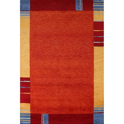 Orange Gabbeh Indian Area Rug Geometric Hand-Tufted Wool Carpet - 5'3" x 7'7"