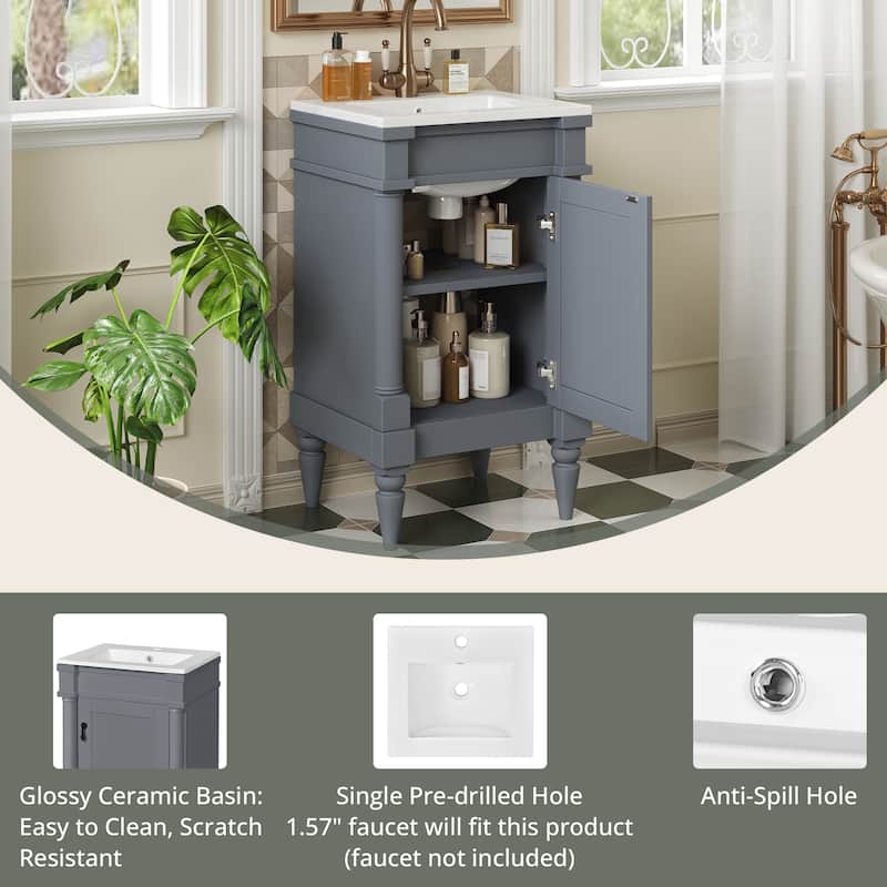 18" Small Bathroom Vanity with Sink, Modern Freestanding Storage Cabinet with Door and Shelf, Compact Single Sink