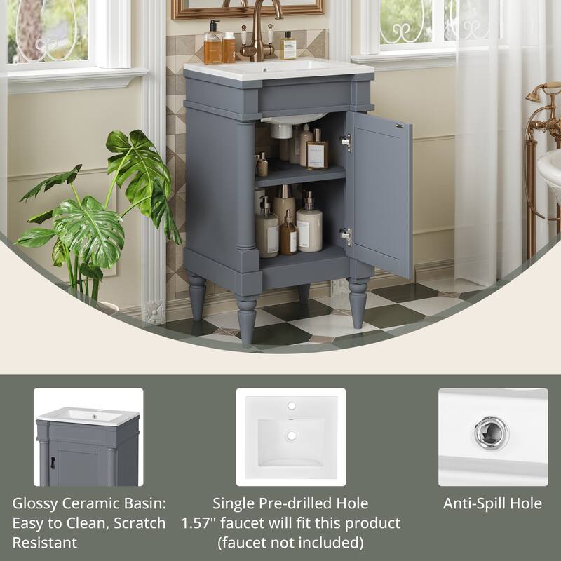 GDFStudio - Wexford Retro Freestanding Bathroom Vanity with Ceramic Sink, Solid Pine Wood Legs & Adjustable Shelf - 18'W