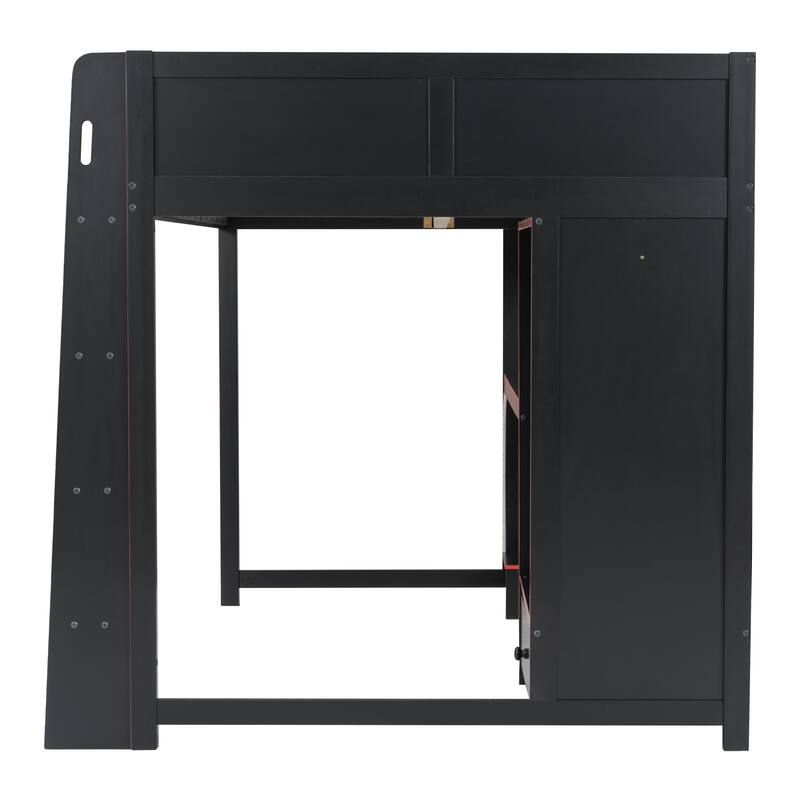 Modern Wood Gaming Loft Bed with Built-in Computer Desk, Wardrobe, LED and Drawer, Black Loft Bedframe, Space Saving Design