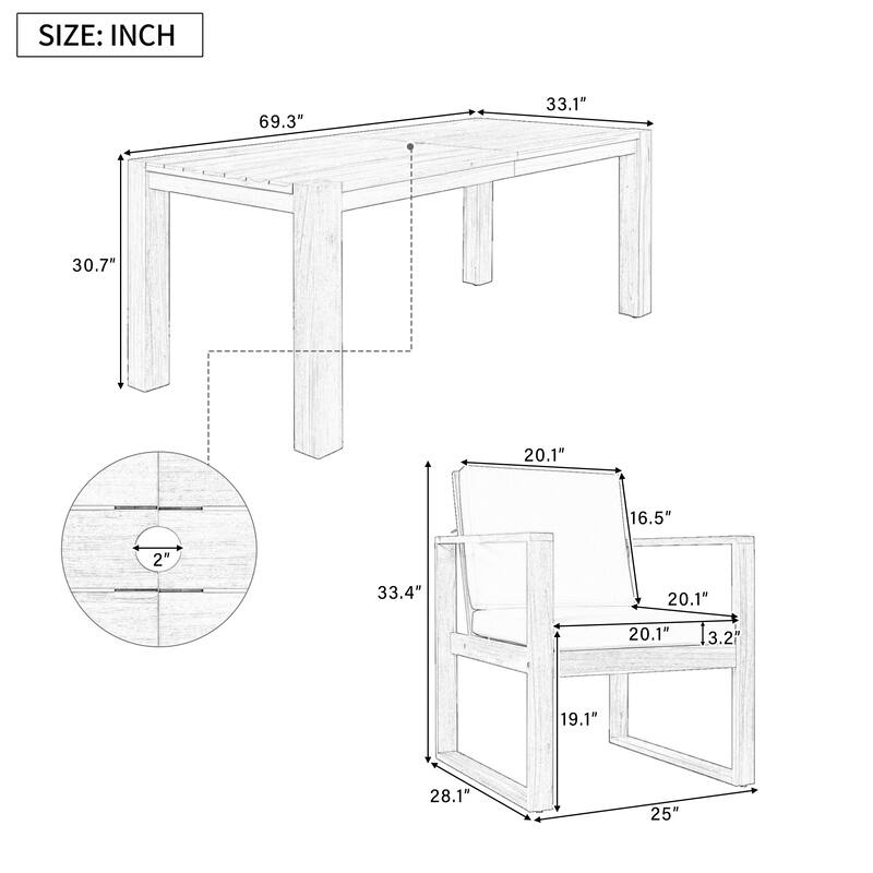 7-Piece Outdoor Patio Dining Table and Chairs Set with Umbrella Hole & Removable Cushion