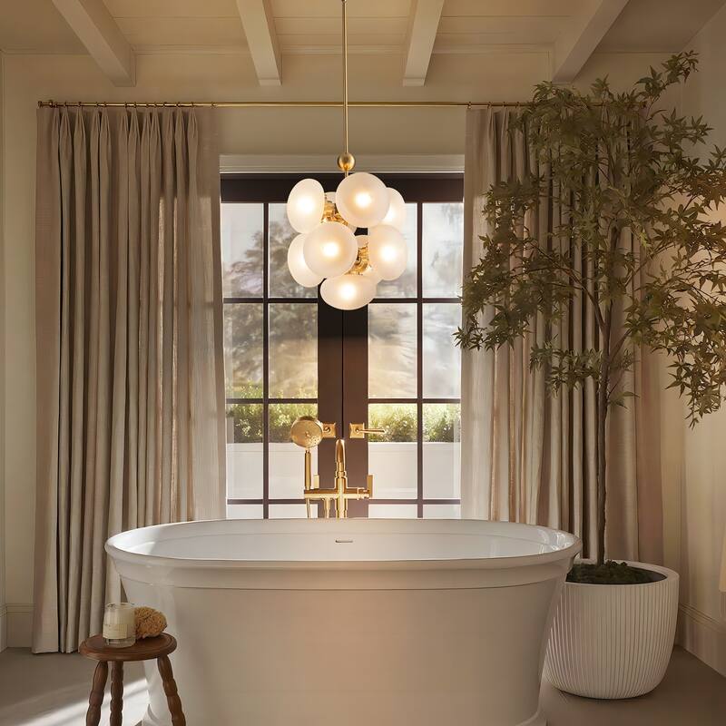 9-Light Modern Glam Gold Cluster Frosted Opal Globe Glass Chandelier for Dining Room, Living Room