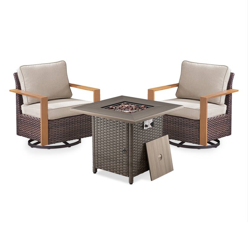 Meyreso 3-Piece Wicker Swivel Glider Fire Pit Set with Plush 4.5" Olefin Cushions