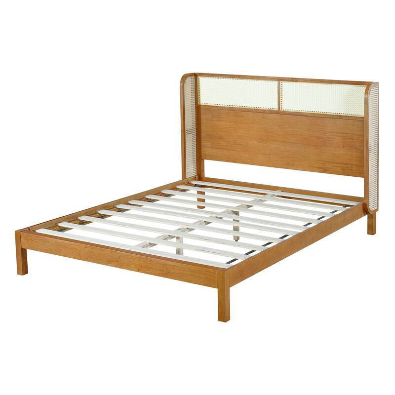 Natural Rubber Wood Bed Low-Profile Platform Wingback Bed Frame with Wood Slat Support Center Support Legs for Bedroom Apartment