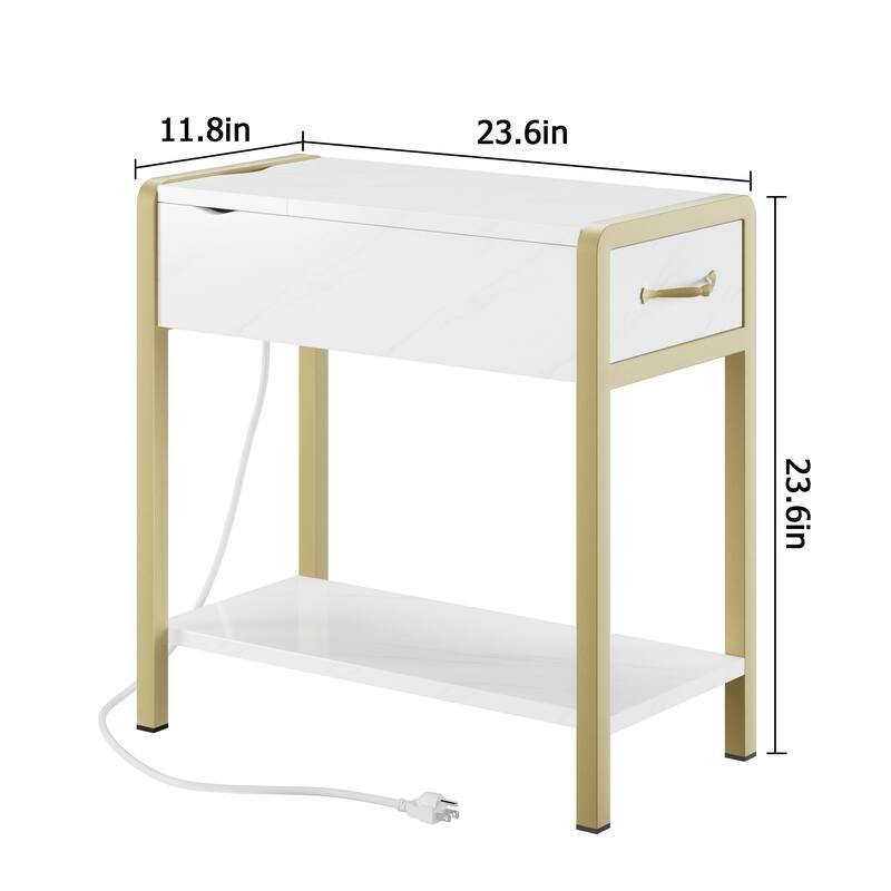 Narrow Side Table with Charging Station Drawer and Storage - 12.5"D x 23.6"W x 24.4"H