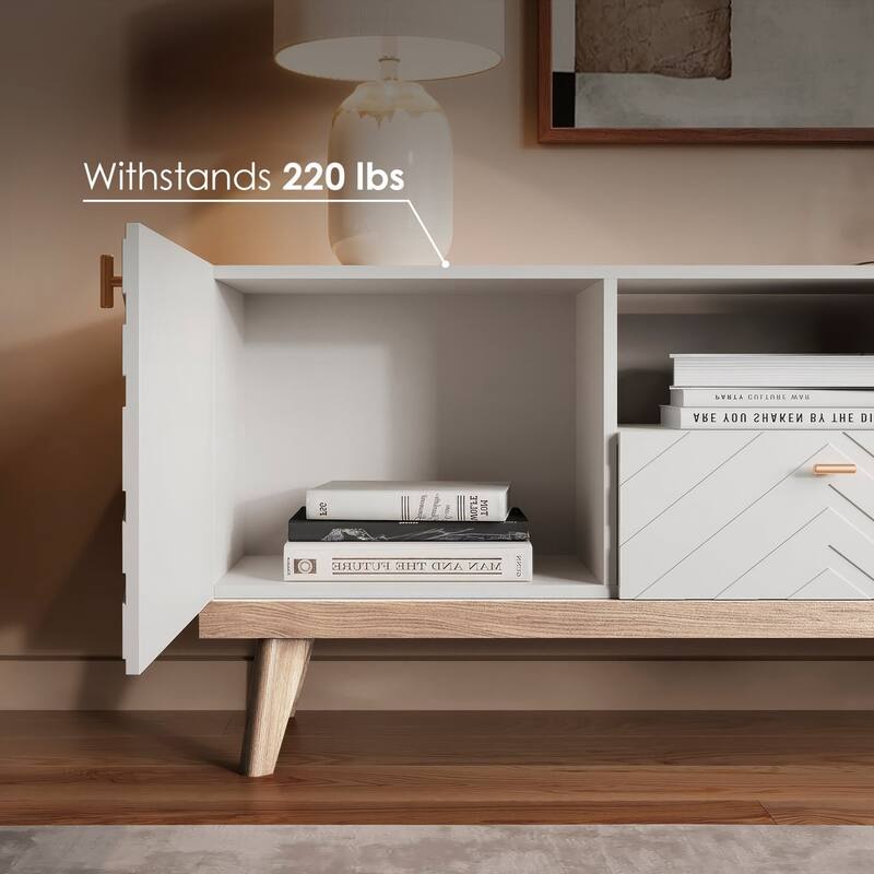 Living Skog Alba Beige TV Stand Console with Drawer Fits TV's up to 65 in. with Wood Legs Mid Century Modern Design