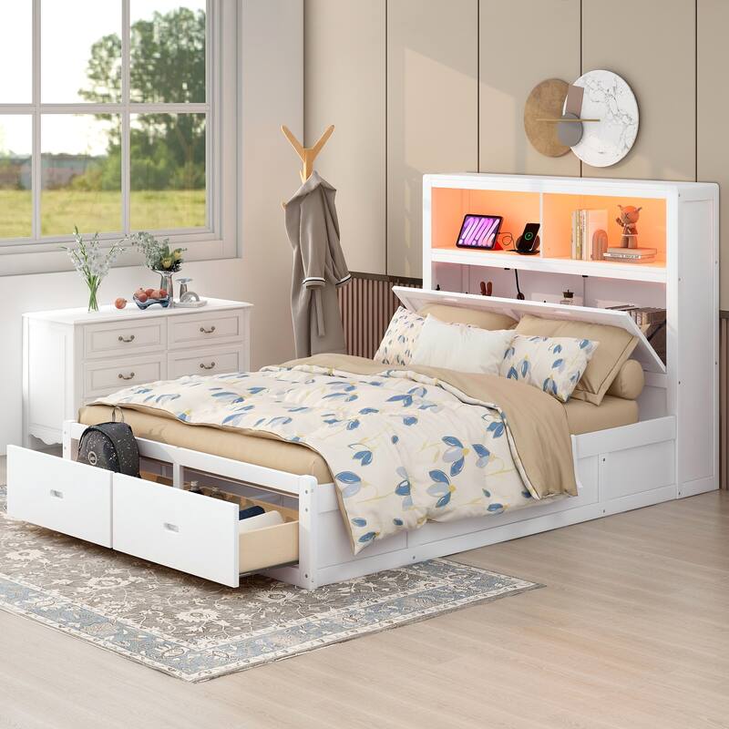 Wooden Platform Bed with Storage LED Headboard, Charging Station and 2 Drawers