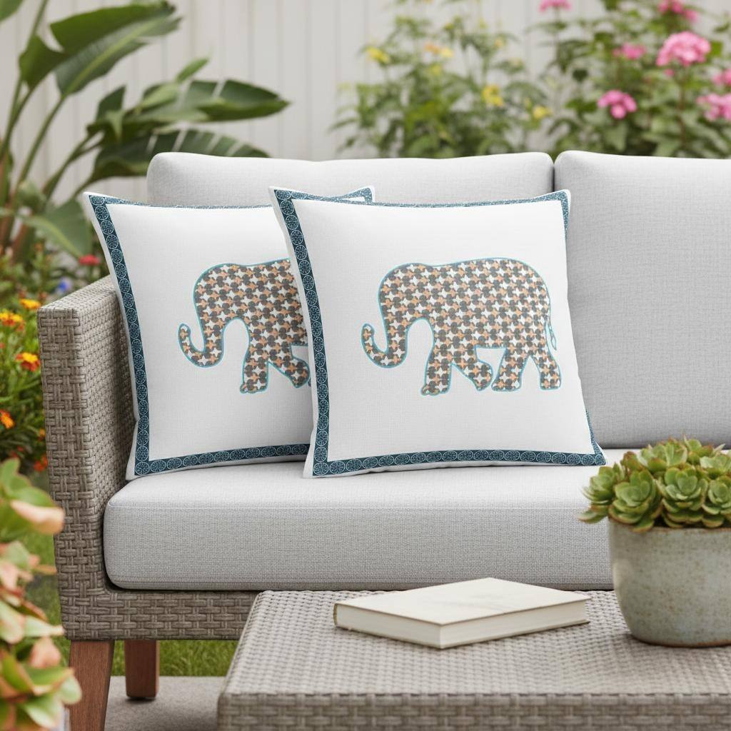HomeRoots Set of Two 16" X 16" Gold and White Elephant Blown Seam Animal Print Indoor Outdoor Throw Pillow