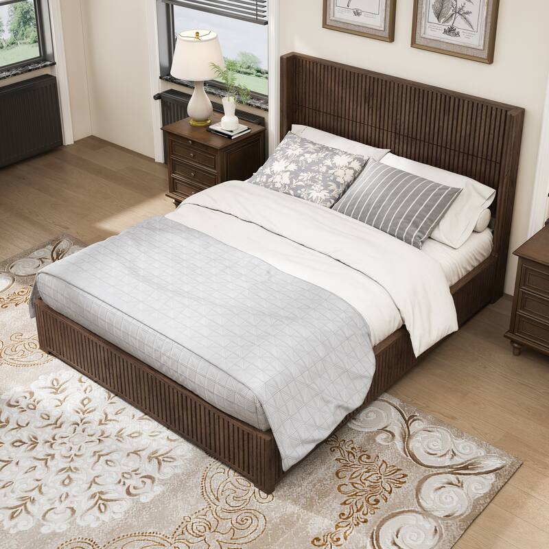 GDFStudio - Modern Solid Wood Low-Profile Platform Bed Frame with Fluted Headboard, Heavy-Duty Support & No Box Spring Needed