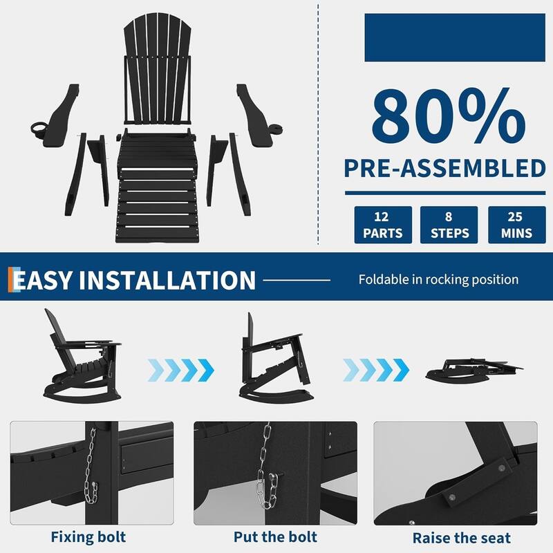 Adirondack Rocking Chair with Ottoman Folding HDPE Outdoor Chair All-Weather