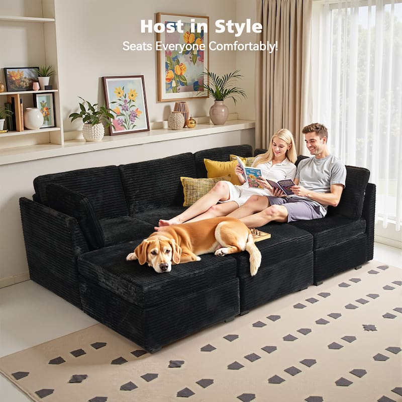 HOOOWOOO Modular U-shaped Corduroy Fabric Sectional Sofa Couch with Ottoman