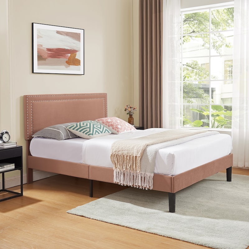 Upholstered Platform Bed Frame with Adjustable Headboard Velvet Nailhead Trim No Box Spring Needed