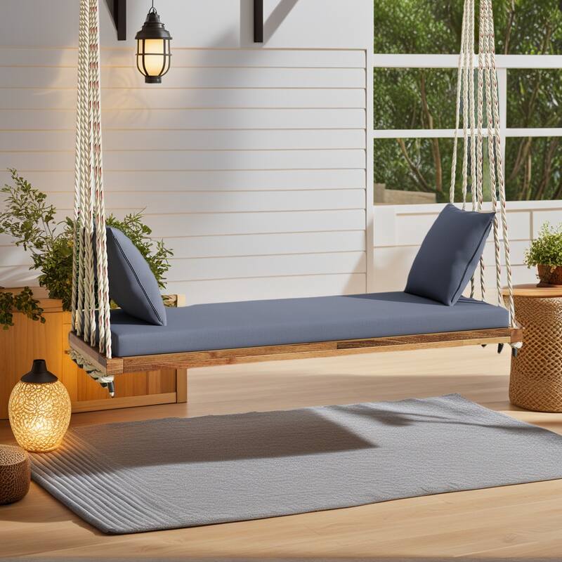 Acacia Wood Swing Chair, Hanging Porch Bench with Cushion & Pillows, 400lb Capacity & 10.8ft Ropes