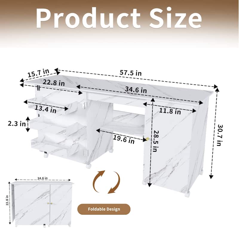 Roomfitters 57.5" Foldable Sewing Machine Table with Locking Casters, Multi-Storage Craft Station with Shelves & Bins, White