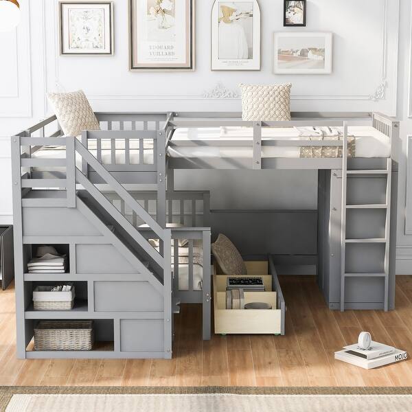 slide 2 of 20, Stylish Design & L-Shaped Bunk Bed With 3 Beds for Space-saving, Maximized Storage Space, Grey