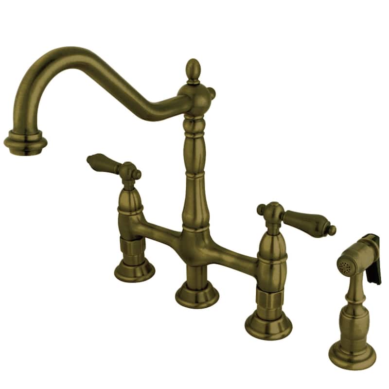 Kingston Brass Heritage Bridge Kitchen Faucet with Brass Sprayer - Antique Brass- Lever Handles