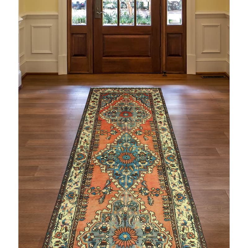 Fine Vintage Distressed Nouman Orange/Turquoise Runner - 3'3" x 9'11"