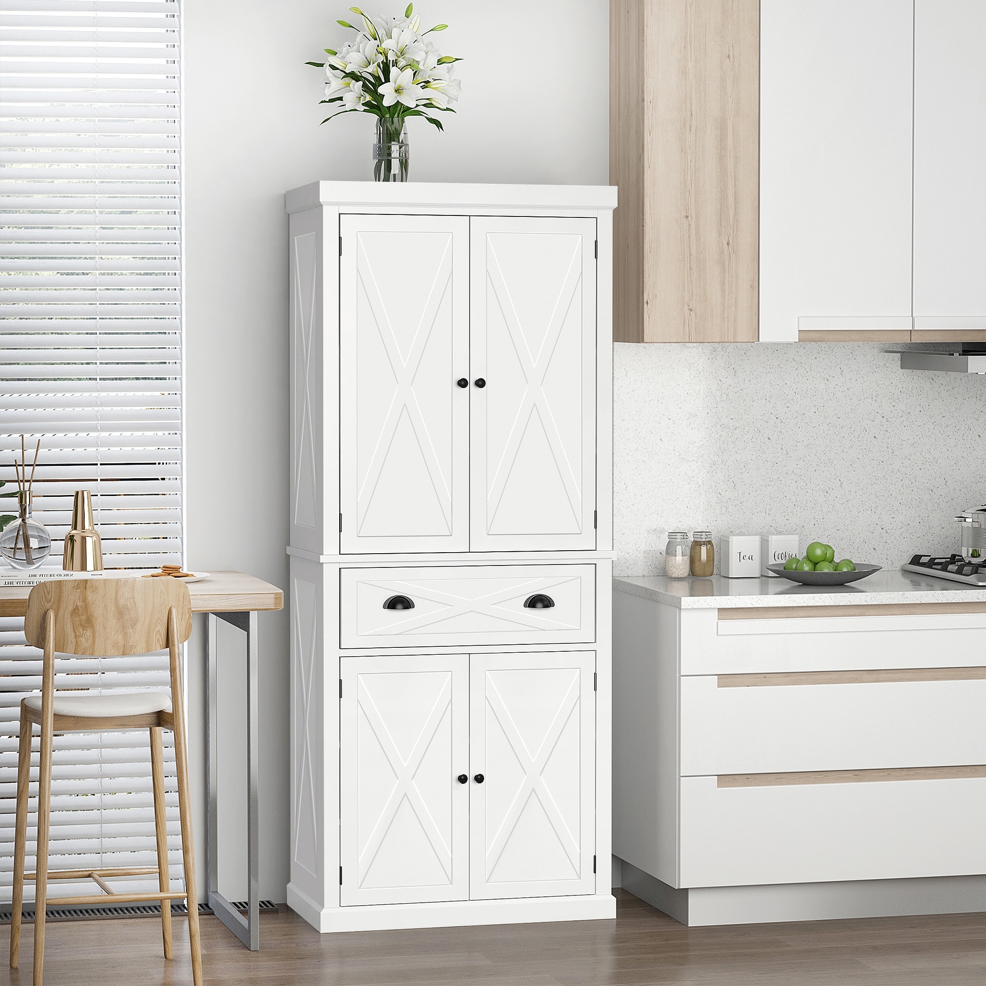 HOMCOM Freestanding Modern Farmhouse 4 Door Kitchen Pantry Cabinet