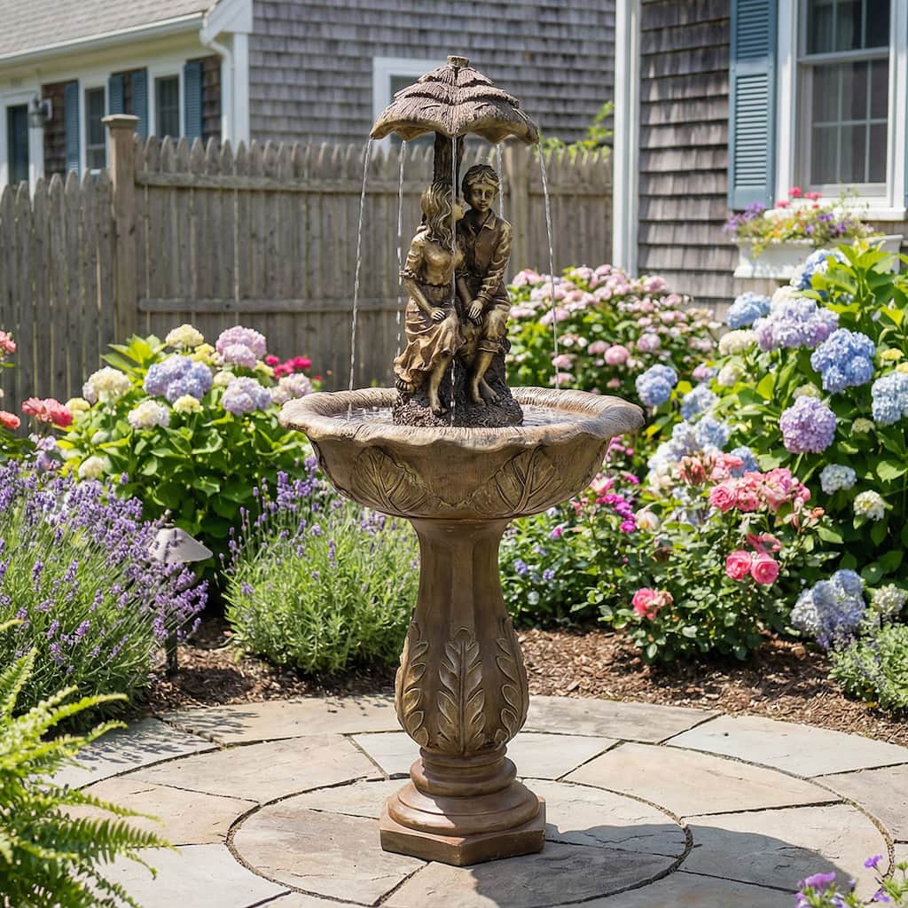 Sunnydaze Lovers Umbrella Solar-Powered Fountain with Battery Backup and Lights - 43"
