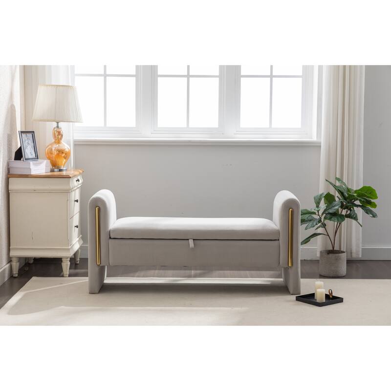 53" Modern Storage Bench with 300lb Seating, Velvet Upholstered Bed Bench with Wood Legs Safety Hinge