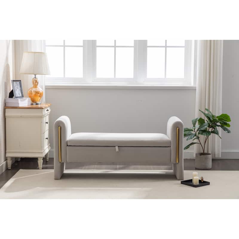 Velvet Fabric Storage Bench Bedroom Bench With Gold Metal Trim Strip For Living Room Bedroom
