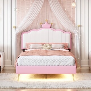 Twin Platform Bed with LED Crown Headboard, Upholstered for a Princess Look