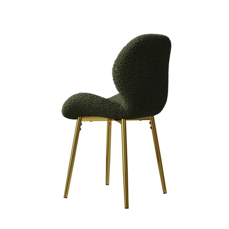 Modern minimalist green teddy velvet Dining Chairs Set of 2 with sturdy gold metal legs and comfortable backrest design,