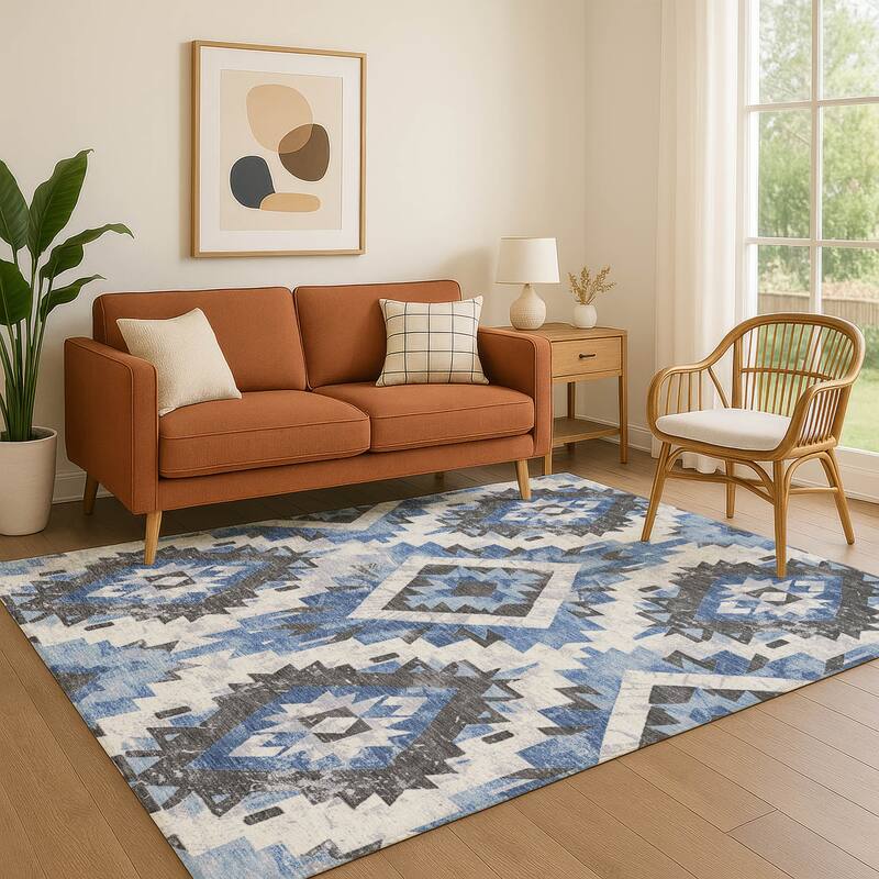 Premium Washable Super Soft Southwest Global Mayfield Rug - Blue - 2'6" x 3'10"