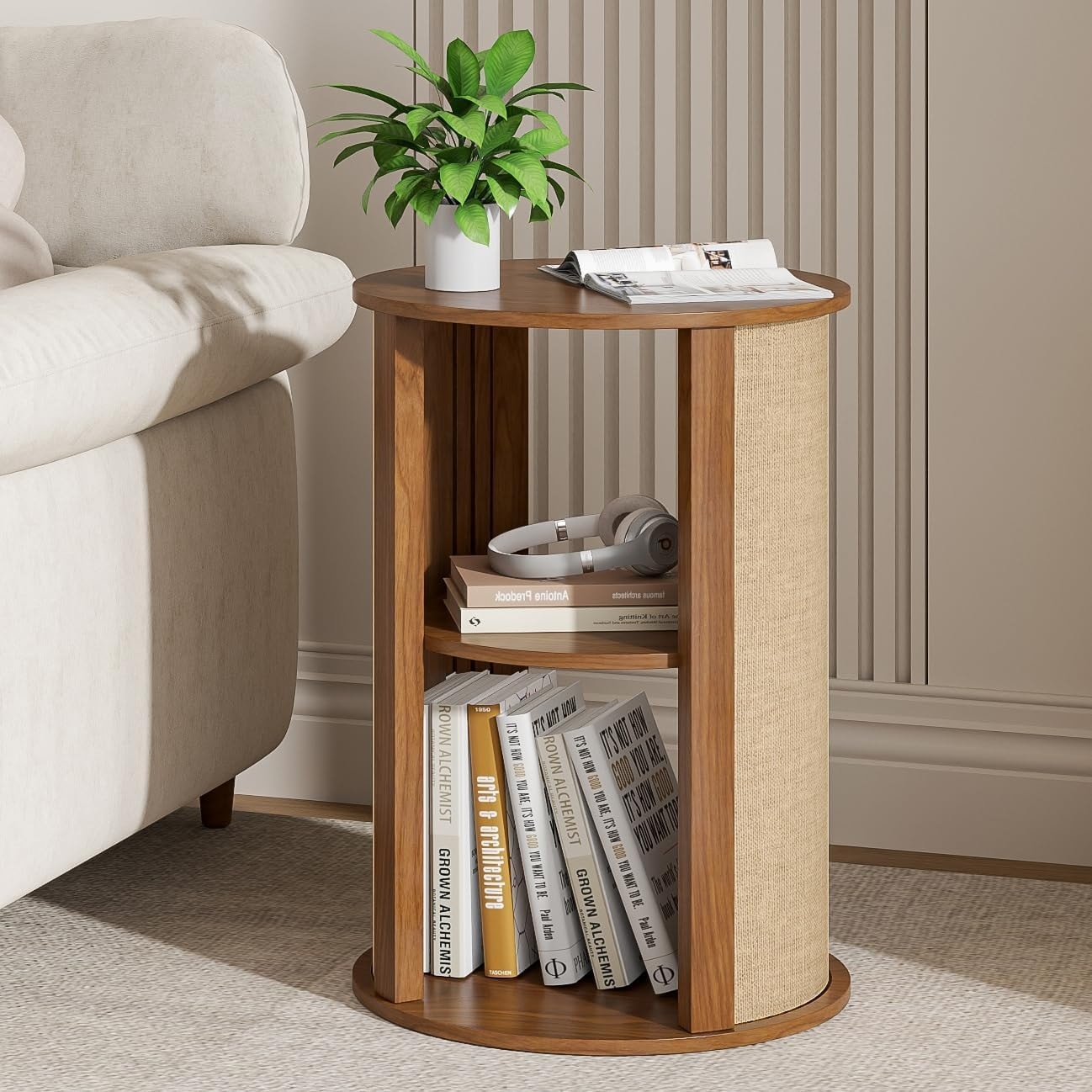 Modern Round Side Table with Adjustable Shelf, 2-Tier Storage, Nightstand for Living Room, Bedroom, 16 Inches