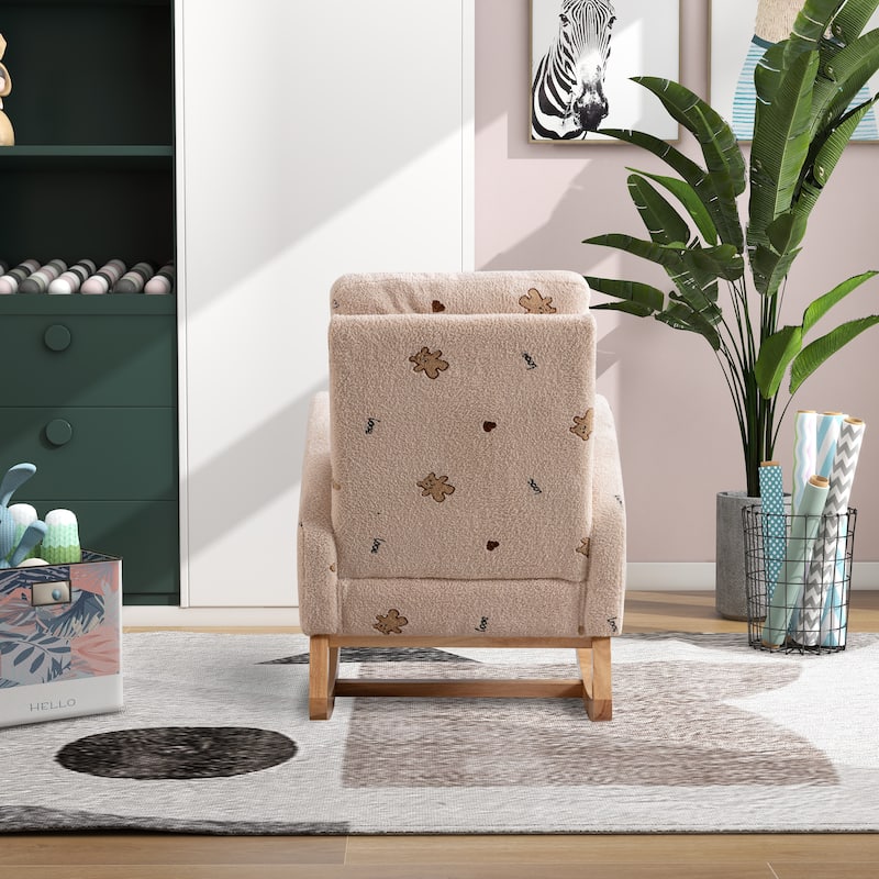 Upholstered High Back Wooden Rocking Chair for Living Room Baby Kids Room Bedroom, Pink Boucle