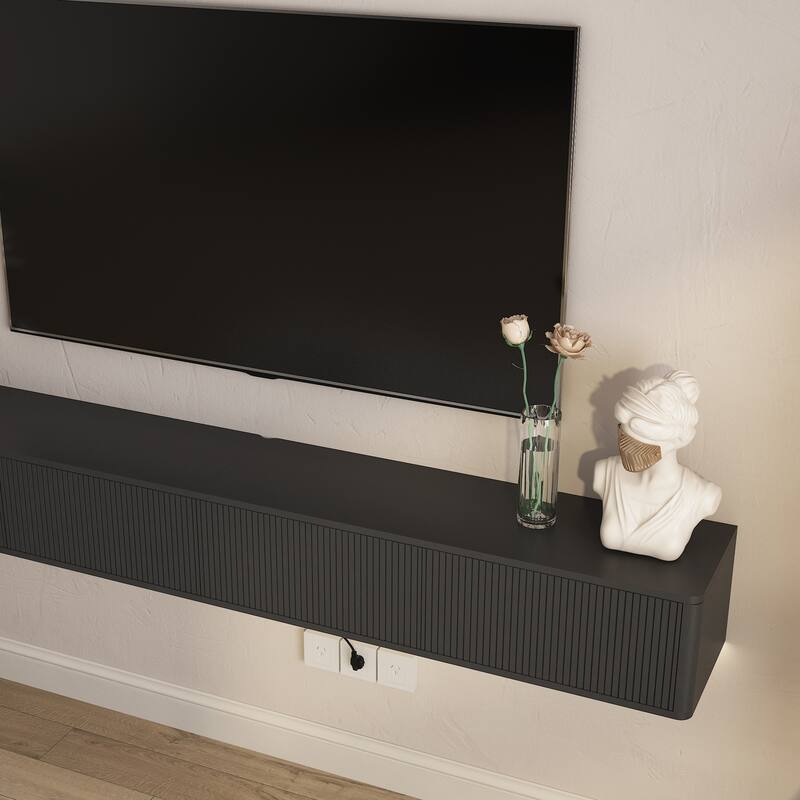 78" Floating TV Stand High Gloss TV Cabinet with LED Lights & Power Outlet, Black