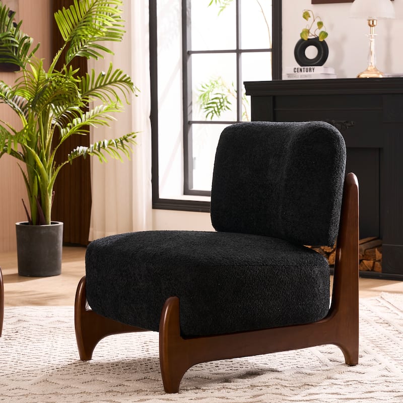 30"W Mid-Century Modern Accent Chair with Solid Wood Frame, Boucle Comfy Living Room Chair for Bedroom Lounge Reading Room - Set of 1 - Black