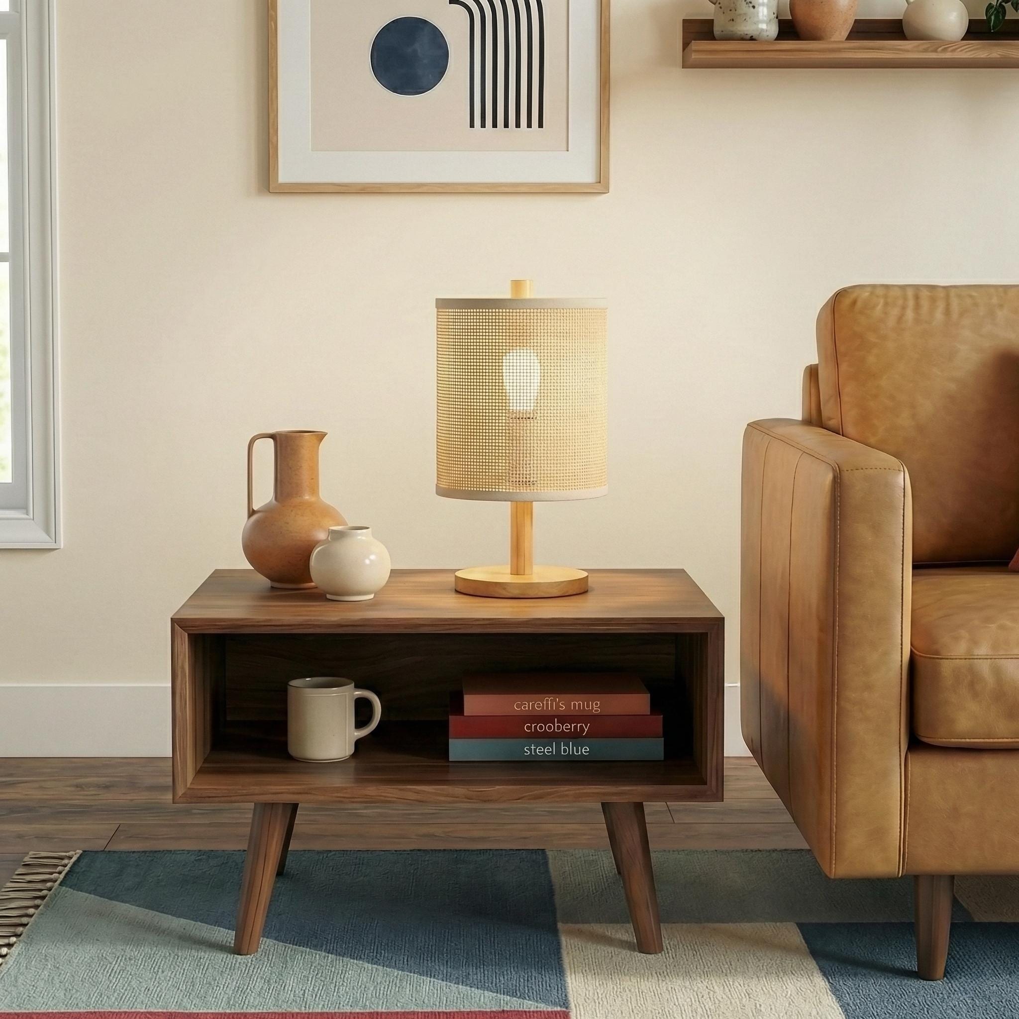 Lily Natural Woven Table Lamp with Wooden Base