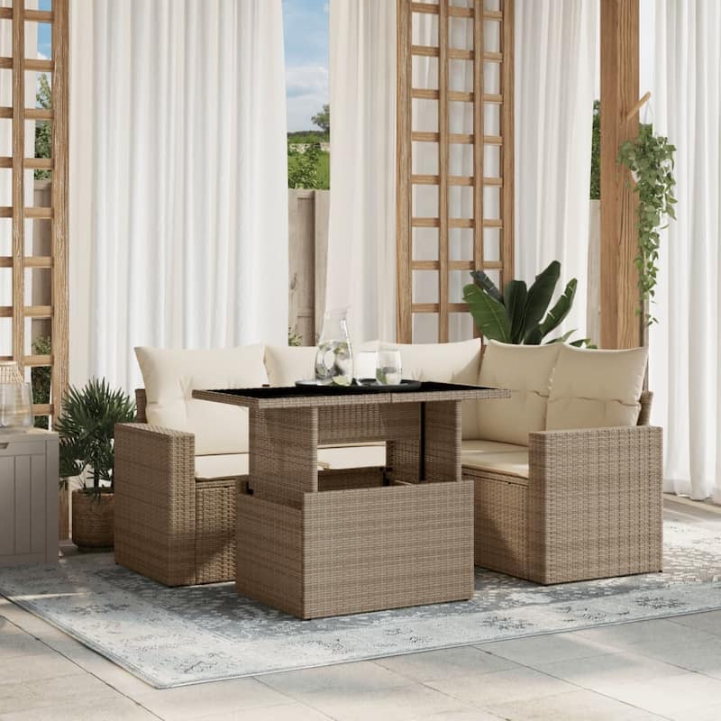 vidaXL Patio Sofa Set with Cushions Outdoor Furniture 5 Piece Poly Rattan - 21.7 x 39.4 x 28.7 in - Beige and cream