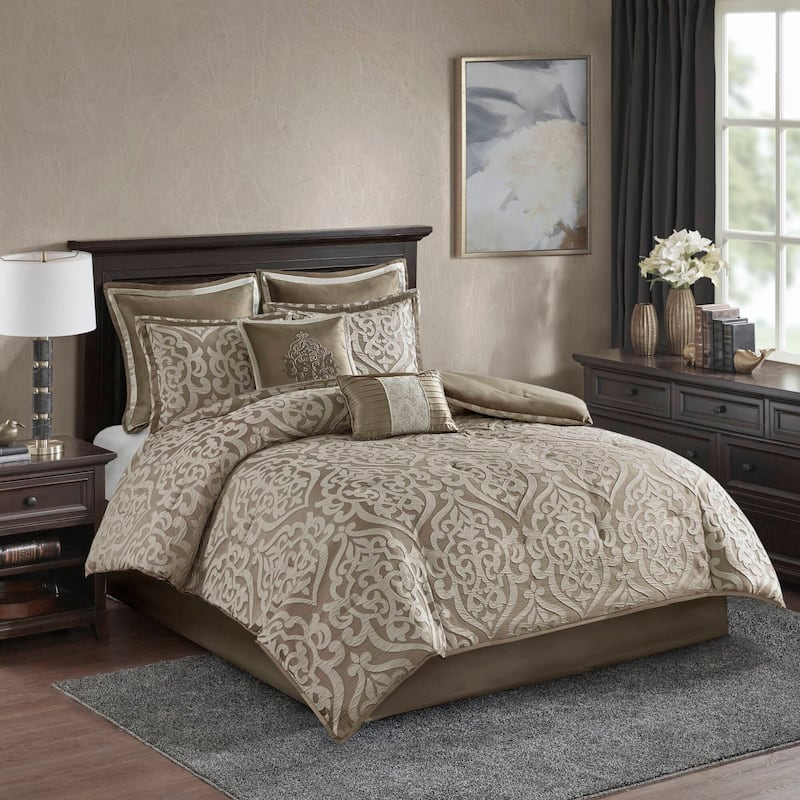 Madison Park Dillon 8 Piece Jacquard Comforter Set - Tan/Ivory - Queen