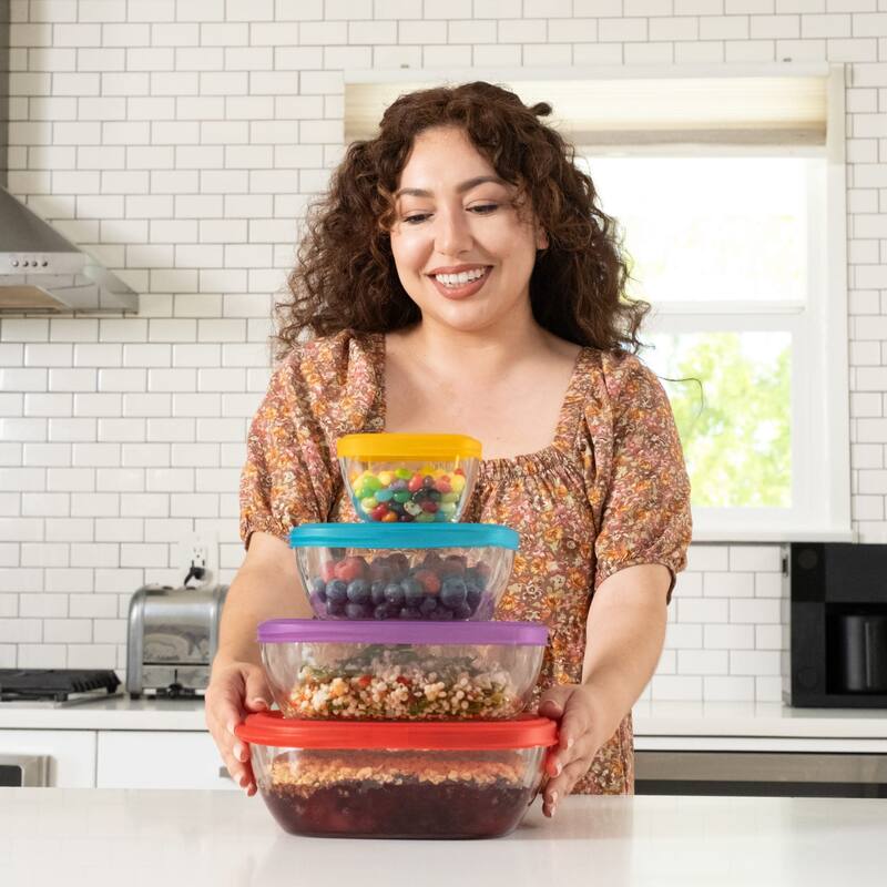 Libbey Serve It 8-Piece Glass Storage Container Set with 2-Cup, 6-Cup, 8-Cup, and 12.5-Cup Bowls and Multi-Color Lids - Set of 8