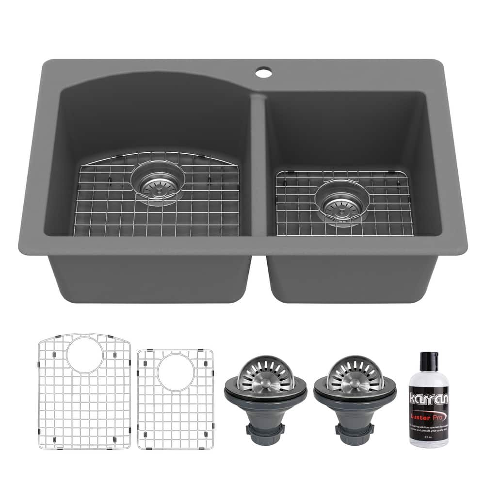 Karran Drop-In Quartz 33 in. 1-Hole 60/40 Double Bowl Kitchen Sink Kit