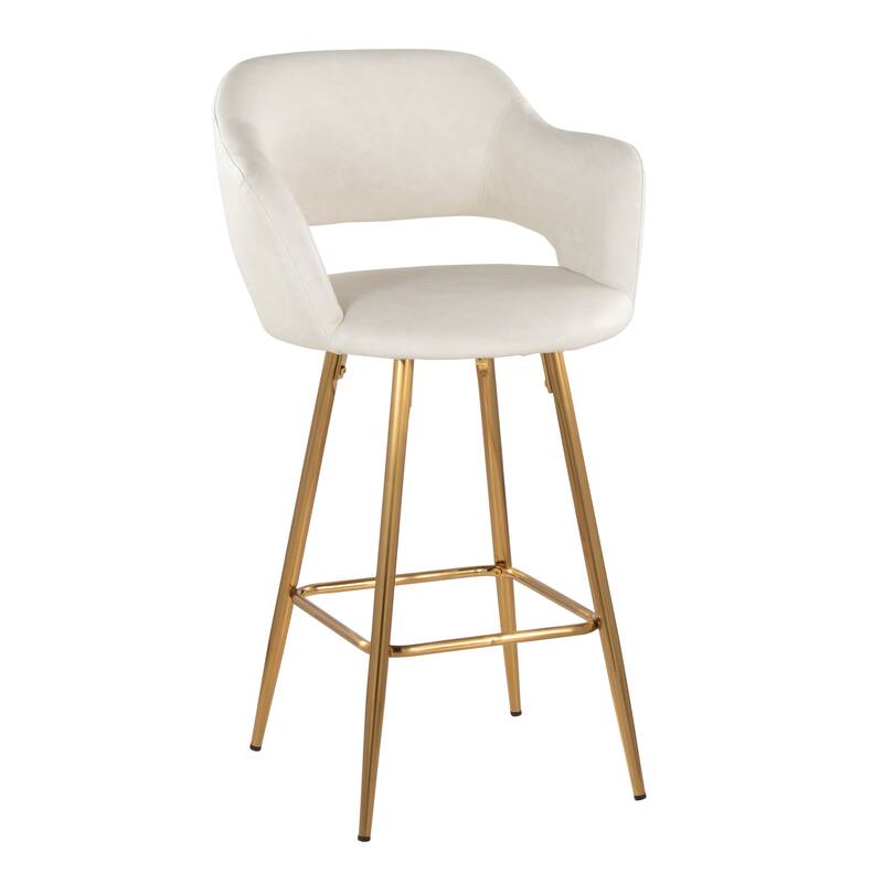 Porch & Den Vallen 26" Fixed-Height Faux Leather Counter Stool with Metal Legs & Square Footrest (Set of 2) - Cream Faux Leather/Gold Metal