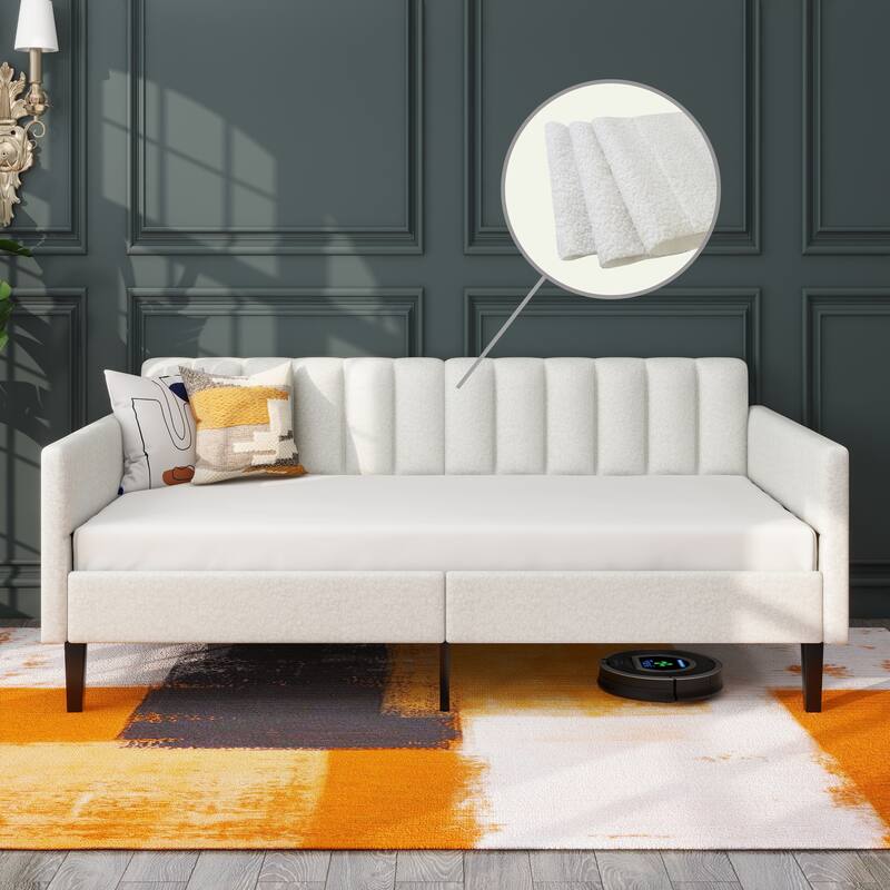 Same as Elena Twin Size Ivory Boucle Upholstered Daybed, Ribbed Tufted Backrest, Daybed in Lavish Modern Design - Ivory