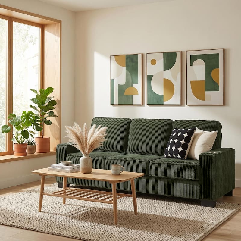 83.8'' Corduroy 3-Seat Sofa with Cup Holders, Modern Upholstered Couch, Compressed Living Room Sofa for Apartment Home Office - Co-Green