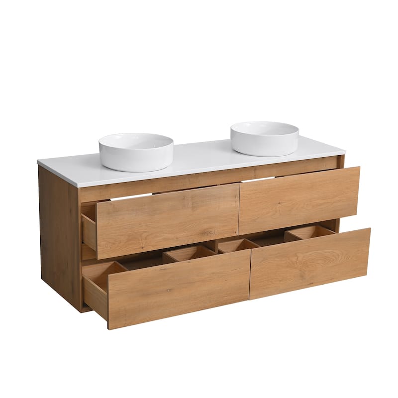 Sylphar 60 inch Toffee Oak Floating Bathroom Vanity with White Quartz Top