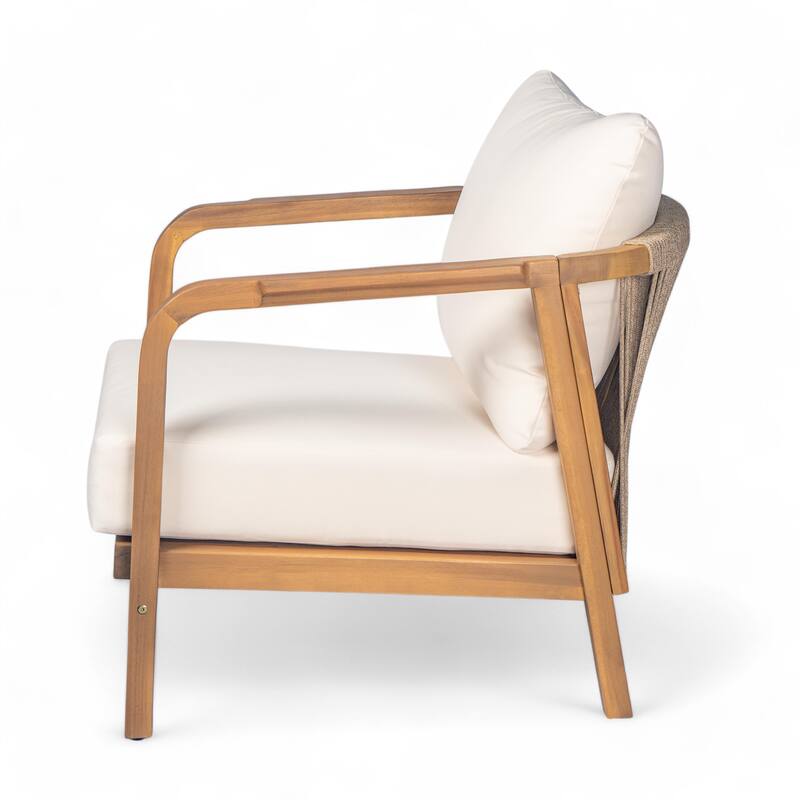 [Set of 2] 28" Outdoor Lounge Chair with Woven Backrest, Solid Wood Frame, Comfortable Cushions, and Curved Armrests