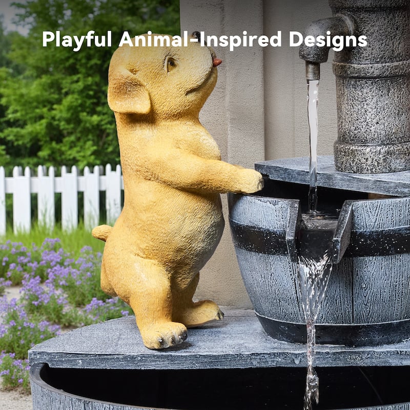 Farmhouse Tiered Outdoor Fountain – Faucet and Puppy Design, Weather Resistant Polyresin