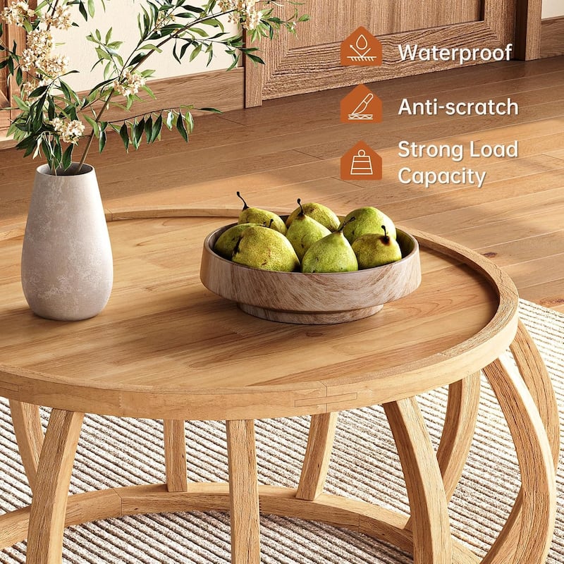 31.5-Inch Round Solid Wood Coffee Table for Living Room, Natural