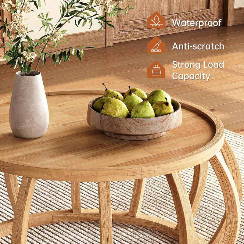 Solid Wood Round Coffee Table, 31.5-Inch Center Table for Living Room, Easy Assembly, Natural