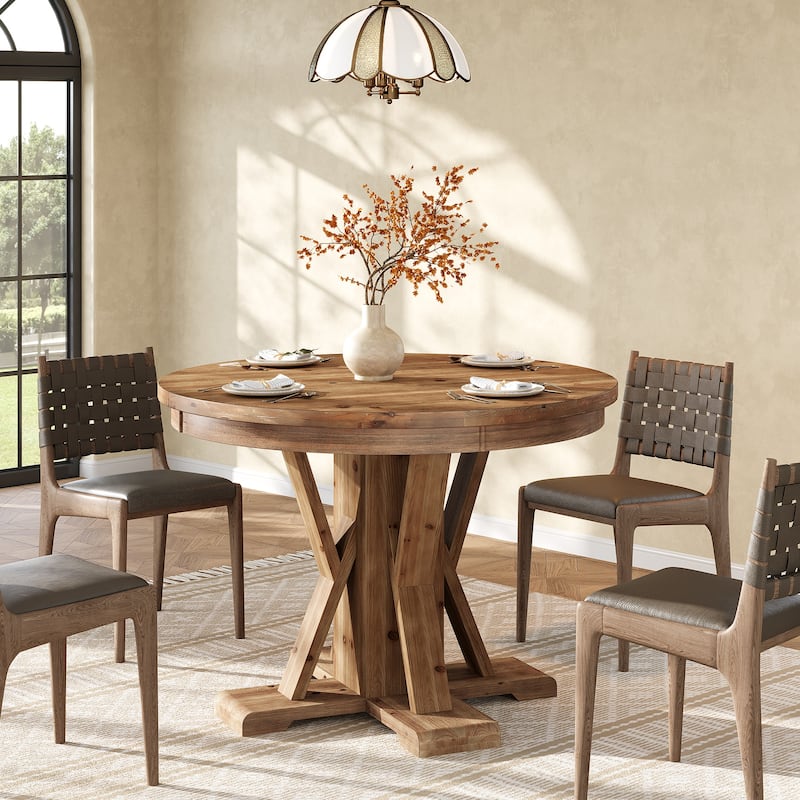 Round Pedestal Dining Table, 39.4-Inch Farmhouse Solid Wood Dinner Table