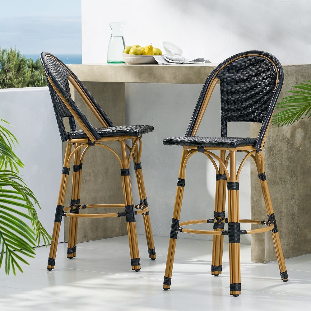 Shelton Wicker and Aluminum Outdoor 29.5 Inch Barstools by Christopher Knight Home -Set of 2