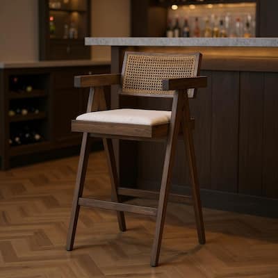 HomeRoots 30" Off White and Brown Fabric and Solid Wood Low Back Bar Height Bar Chair