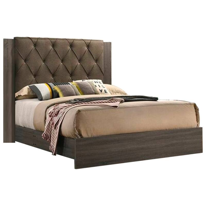 Queen Size Tufted Headboard Bed Frame in Gray Finish with Rubberwood Design