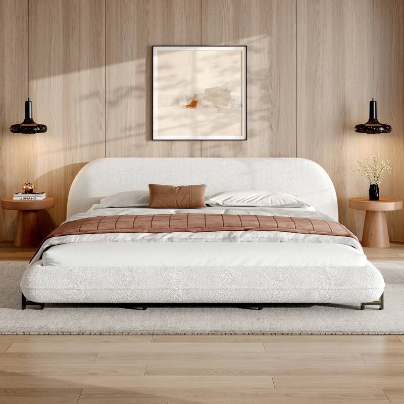 King Size Bed Frame with Boucle Fabric, Upholstered Platform Bed with Curve-Shaped Design & Thick Headboard, White